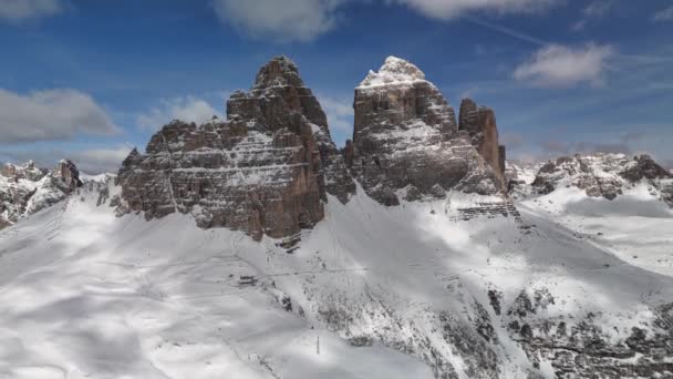 Dolomitas Invierno Montañas Rocosas Vista Aérea — Vídeo de stock