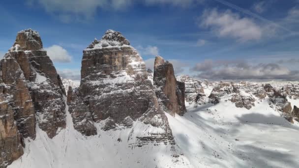 Dolomites Winter Rocky Mountains Aerial View — Stock Video