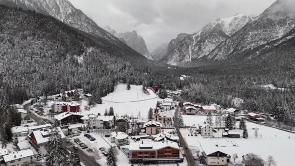 Aerial Drone View Valley Snowy Villages Autumn Forest Dolomites Mountains — Stock Video