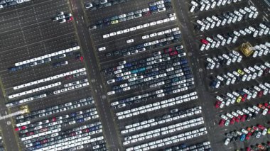 Zeebrugge limanında yeni arabalar için park etmek. Otomobil ve otomotiv endüstrisi lojistik küresel taşımacılık