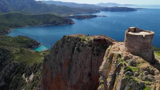 Foto Aerea Della Torre Genovese Capo Rosso Corsica Con Drone — Video Stock
