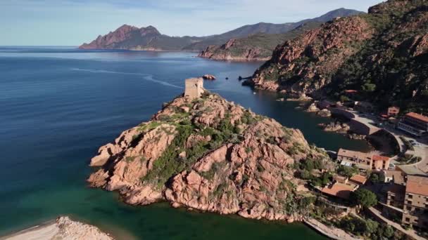 포르투의 마을의 코르시카 프랑스 여름에 지중해에 항구를 보호하는 제노바 고품질 — 비디오