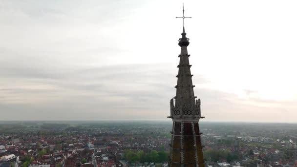 Bruges Tarihi Kentin Merkezi Kulelerin Kiliselerin Havadan Görünüşü Yüksek Kalite — Stok video