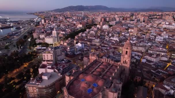 Torre Sino Catedral Revelando Bela Costa Málaga Espanha Imagens Alta — Vídeo de Stock