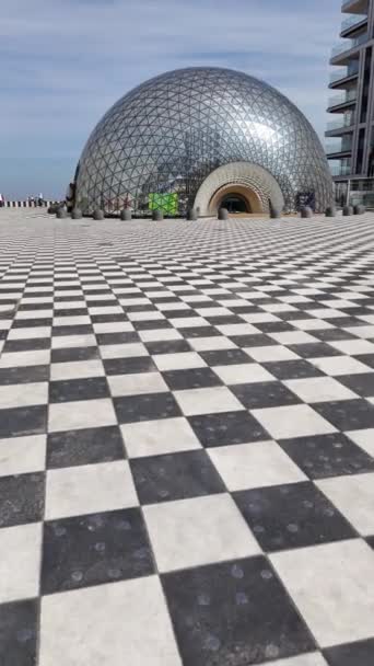 Large Checkered Floor Stretches Out Front Majestic Domed Building Background — Stock video