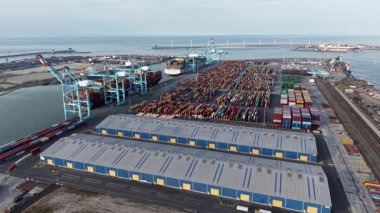 Konteynır gemileri Zeebrugge limanına yanaştı, yoğun kargo ve hareketli bir liman ortamında faaliyet gösteriyorlar. Görünüm, konteynır ve vinçlerin düzenli düzenini vurgular.