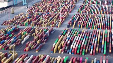 Zeebrugge 'un hareketli konteynır portu düzenli olarak sıralanmış renkli nakliye konteynırlarını gösteriyor. Bu hayati denizcilik merkezindeki aktif lojistik ve ticaret operasyonlarını vurguluyor.