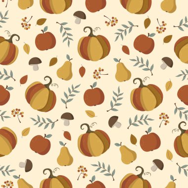 Balkabakları, mantarlar, elmalar ve yapraklarla dikişsiz sonbahar deseni. Vektör illüstrasyonu
