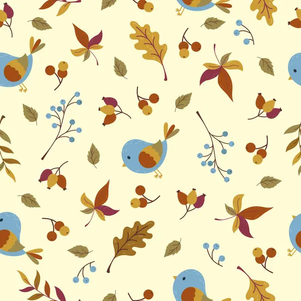秋天的花纹与鸟儿 树叶和浆果无缝搭配 矢量说明 — 图库矢量图片#