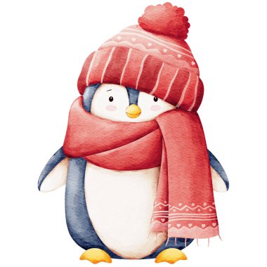 Şapka ve eşarp takmış sevimli penguenler. Tebrik kartı, etiket ve davetiye için karikatür suluboya çizimi.