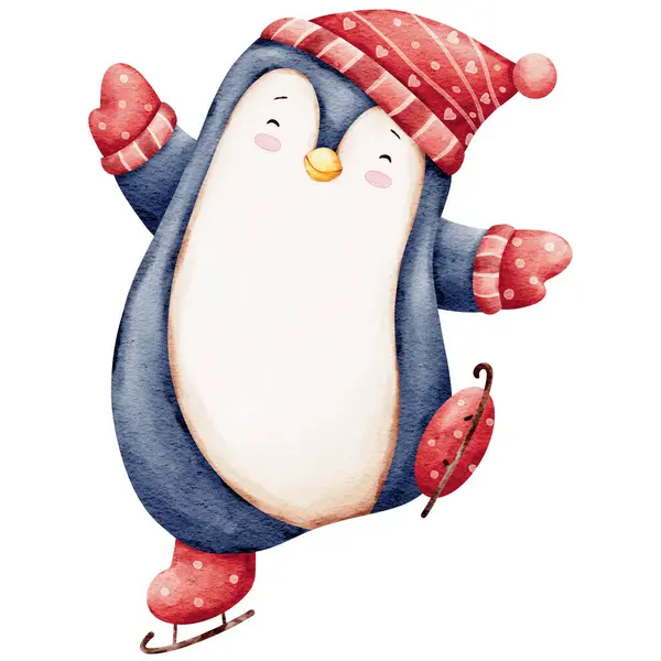 Lindo Patinaje Pingüino Sombrero Invierno Manoplas Ilustración Acuarela —  Fotos de Stock