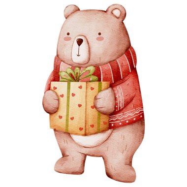 Kırmızı eşarp takan ve kalp şeklinde balonlar tutan tatlı suluboya ayıcık. Sevgililer Günü suluboya çizimi