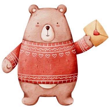  Kırmızı kış şapkası takan ve elinde kalp tutan tatlı suluboya ayıcık. Sevgililer Günü suluboya çizimi