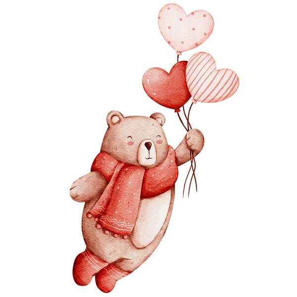 Cute watercolor teddy bear wearing a red scarf and holding heart shaped balloons. Valentine`s Day watercolor illustration