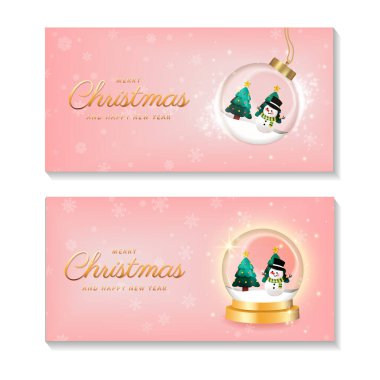 Mutlu Noeller ve yeni yıl seti. Noel kış kar küresi, şeffaf kubbe. Karda Xmas yeşil ağacı, hediye kutusu, kardan adam tasarla. Vektör illüstrasyonu.