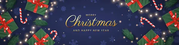 Noel arkaplanı. Klasik mavi noel pankartı tasarımı gerçekçi üst görünüm hediye kutuları, altın fiyonklar ve parıltılı konfetiler ve mutlu noeller ve mutlu noeller mektupları. Vektör.