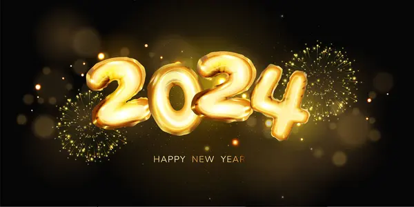 Yeni yıl havai fişekleri ve 2024 altın numaralar. Yeni yıl arifesini kutluyoruz. Mutlu Noeller ve mutlu yıllar için pankart ya da tebrik kartı. Vektör illüstrasyonu.