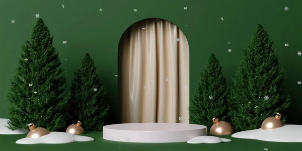 3D Noel ağacı podyumu. Tasarım sahnesi olan gerçekçi 3D. Dekoratif elementler camdan değerli toplar. Xmas tatil şablonu podyumu..