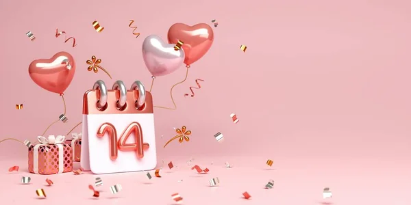 Happy Valentines day background with calendar date 14 February, Rose gold luxury, gift box, glitter, heart shape balloon, copy space text, 3D rendering illustration.