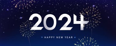 Yeni yıl havai fişekleri ve 2024 numara. Yeni yıl arifesini kutluyoruz. Mutlu Noeller ve mutlu yıllar için pankart ya da tebrik kartı. Vektör illüstrasyonu..