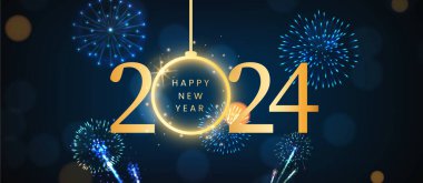 Yeni yıl havai fişekleri ve altın numaralar 2024, mavi arka plan. Yeni yıl arifesini kutluyoruz. Mutlu Noeller ve mutlu yıllar, vektör illüstrasyonu için pankart ya da tebrik kartı..