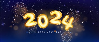 Yeni yıl havai fişekleri ve altın numaralar 2024, mavi arka plan. Yeni yıl arifesini kutluyoruz. Mutlu Noeller ve mutlu yıllar için pankart ya da tebrik kartı. Vektör illüstrasyonu..