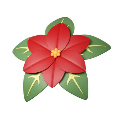 Noel Poinsettia çiçek ikonu. Minimum dekoratif konik şekil ağacı. Yılbaşı tatili dekoru. Çizgi film tarzında 3D tasarım ögesi. Beyaz arkaplanda simge izole edildi. 3d illüstrasyon.