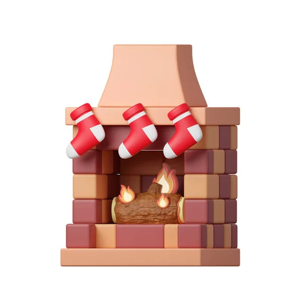 3d Christmas fireplace icon. minimal decorative festive conical shape tree. New Years holiday decor. 3d design element In cartoon style. Icon isolated on white background. 3d illustration.