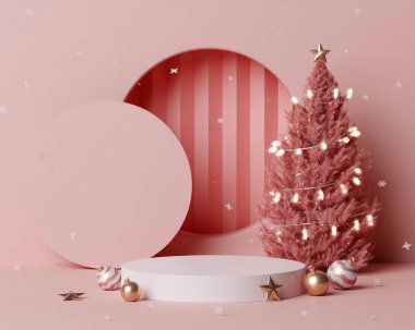 3D Noel ağacı podyumu. Gerçekçi 3D tasarım sahne podyumu. Dekoratif elementler camdan değerli toplar. Xmas tatil şablonu podyumu..