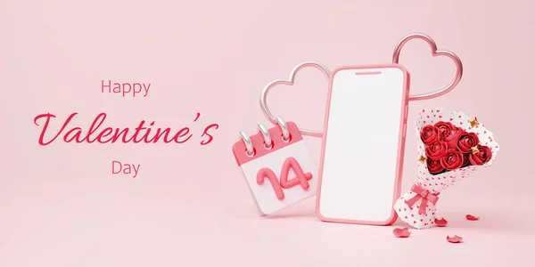 Renderização Mockup Telefone Móvel Com Corações Para Valentine Design Fundo — Fotografia de Stock