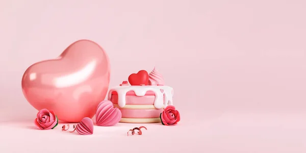 3d banner template designed with cake, heart shape balloons. Minimal pink background suitable for Mothers Day and Valentines Day. 3d rendered illustration.