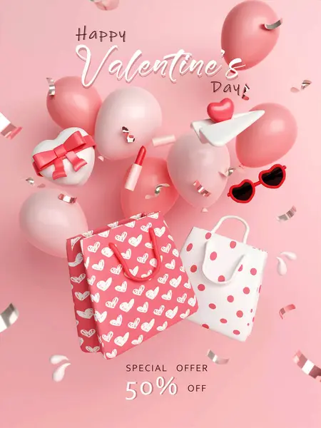 Valentines Day sale shopping bag with heart shaped balloons, gift box. Holiday illustration banner. for valentine and mother day design. 3d Rendering.