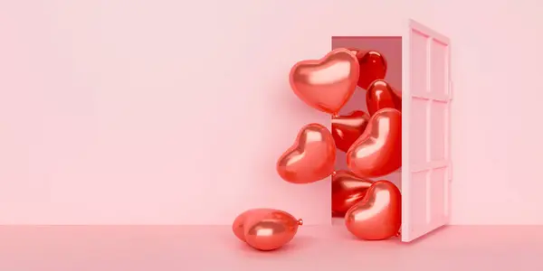 Açık kapısı ve kırmızı kalp şeklinde balonları olan pembe bir oda. Sevgililer Günü hediyesi, aşk, evlilik ve romantik kavramı. 3d resimleme.