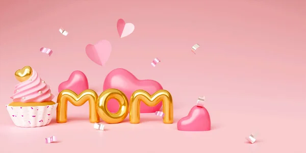 3d minimal pink banner background, suitable for Mothers Day. Mom balloon words with cup cake and heart balloon shape. 3D rendering illustration.