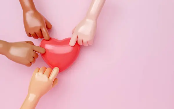 3D diversity hand finger presses on red heart. Realistic illustration of donation love or charity for appreciation social media on pink background. 3d rendering illustration.