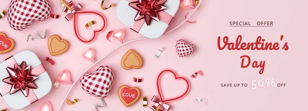 Valentines Day sale with heart shaped balloons, gift box and ball light decor. Holiday illustration banner special discount for valentine and mother day design. 3d Rendering.