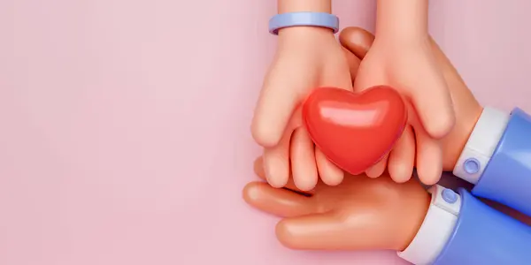 3d icon red heart in hand. cartoon arm holding gesture hand give red heart. Realistic illustration of donation love on pink background. valentine love forever theme, 3d rendering illustration.