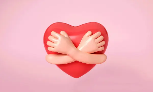 3D hands hugging a red heart with love. Hand embracing red heart on pink background. love yourself. Used for posters, postcards, t-shirt prints, and other designs. 3D render illustration.
