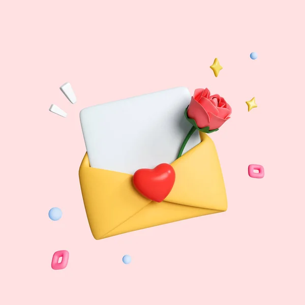 3d icon open envelope love letter, mail letter with red heart. Realistic Elements for romantic design. Isolated object on pink background with clipping path. 3d render illustration.