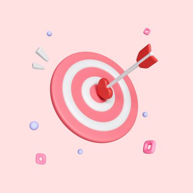 Dart tahtasının ortasına pembe dart dartı, kalp şeklinde hedef ve ok simgesi kesme yolu ile pembe arkaplanda izole edilmiş, 3D resimleme.