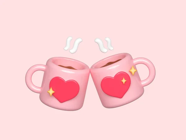 Couple pink mug with love red heart 3d rendering illustration, isolated on pink background with clipping path, romance, love, marriage, engagement concept.