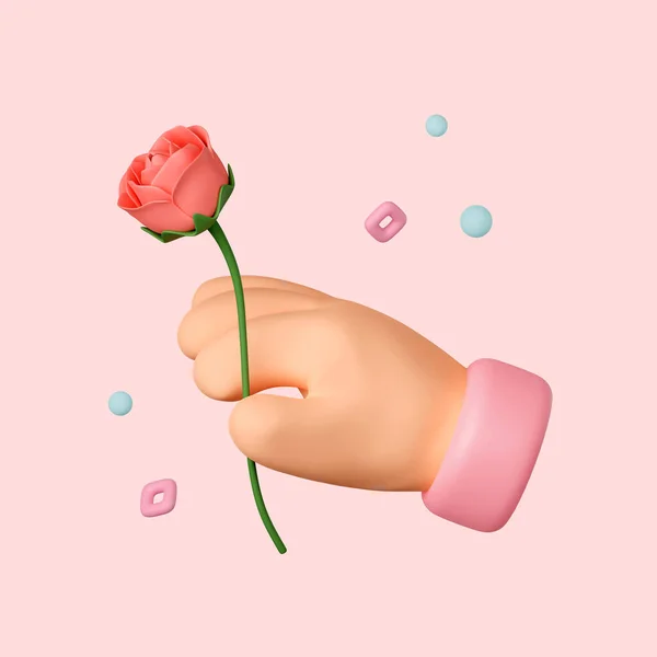 3d Cartoon hand holding red rose isolated on pink background with clipping path. Valentines day concept. 3d render illustration