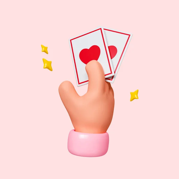 3D hand playing cards hearts. cartoon style isolated on pink background. clipping path. 3D render illustration.