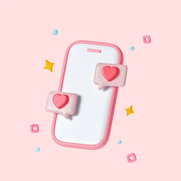 3D pink mobile phone with bubbles and hearts design of love passion romantic valentines day wedding decoration and marriage theme isolated on pink background with clipping path. 3d render illustration