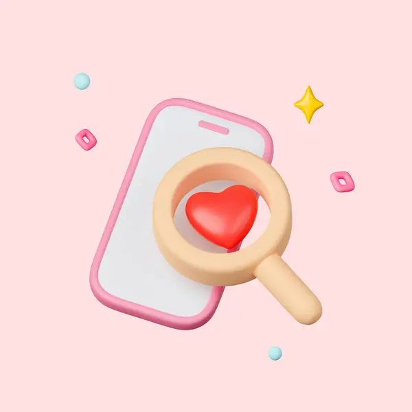 3D mobile phone with social icon on pink background, Searching concept, find love, health love or world heart day concept, 3d render illustration.