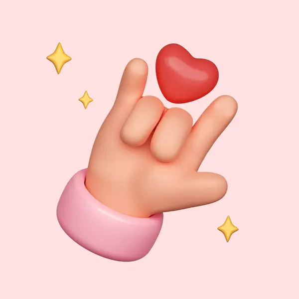 3D hand making I love you gesture gestures with red heart. cartoon style isolated on pink background. clipping path. 3D render illustration.