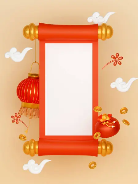 Linterna Año Nuevo Chino Rojo Con Fondo Papel Desplazamiento Con —  Fotos de Stock