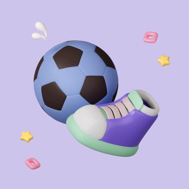 Futbol ve ayakkabı çizgi film ikonu, pastel arka planda izole edilmiş. Simge simgesi kırpma yolu. 3d resimleme.