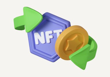 NFT iadesiz jeton transferi kavramı. Beyaz arkaplanda izole edilmiş asgari tasarım simgesi. 3D tasvir. Kesme yolu.