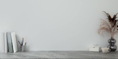 Boş mermer çalışma masası, kitap ve malzemeler. 3d resimleme.